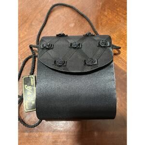 Vintage 90s NWT Black Satin Evening Fabric Handbag Purse Floral Whimsygoth